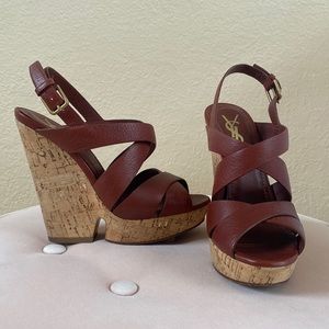 YSL Deauville Black Suede Cork Wedge Heel Sandals size US 6 / EU 36